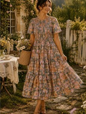 Sunday Up Small Retro Floral Smocked Tiered Midi Maxi Dress Boho Cottagecore